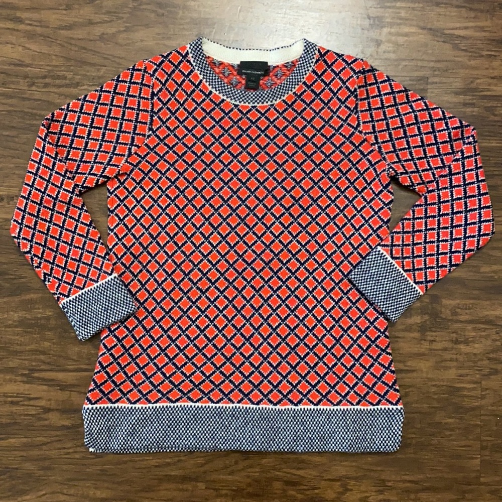 J. Crew Collection Cashmere Red Navy Diamond Print Crew Neck